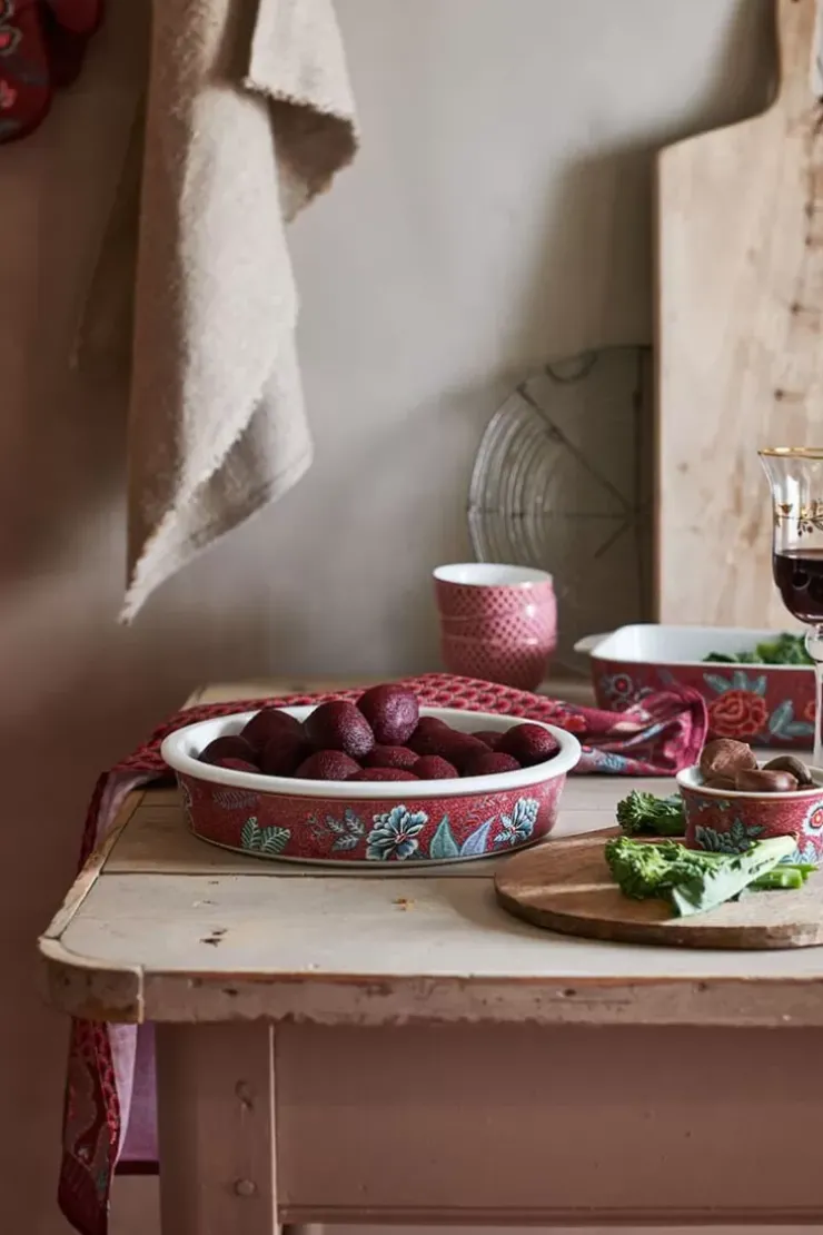 Pip Studio Flower Festival Serveerschaal Rond Donker Roze Clearance