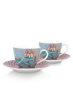 Pip Studio Flower Festival Set/2 Espresso Kop & Schotel Licht Blauw Outlet