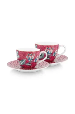 Pip Studio Flower Festival Set/2 Espresso Kop & Schotel Donker Roze